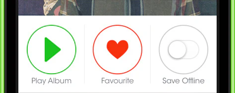 The album screen's three round buttons: play album in green, favourite in red, and a save offline toggle