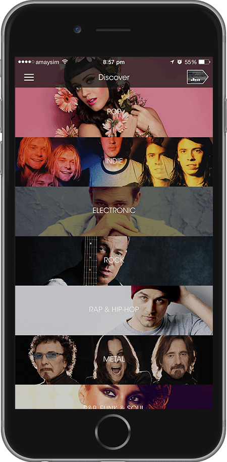 The Discover screen in full, genres as photographic bands from pop through to R&B, funk and soul