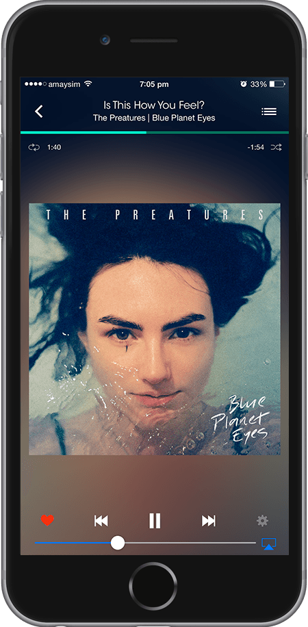 The now playing screen for The Preatures' 'Blue Planet Eyes', album art centred with the track favourited
