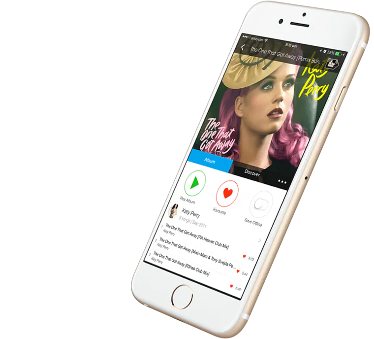 The album screen on a tilted phone: cover art above three round buttons for play, favourite and save offline, with the track list beneath