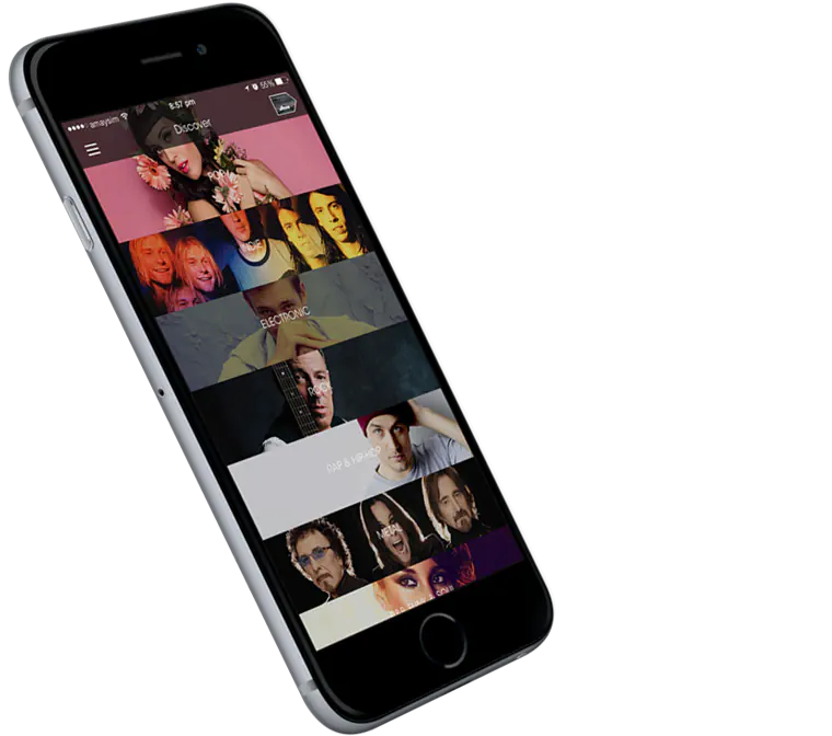 The Discover screen, genres stacked as full width photographic bands labelled pop, indie, electronic, rock, rap and hip-hop, and metal