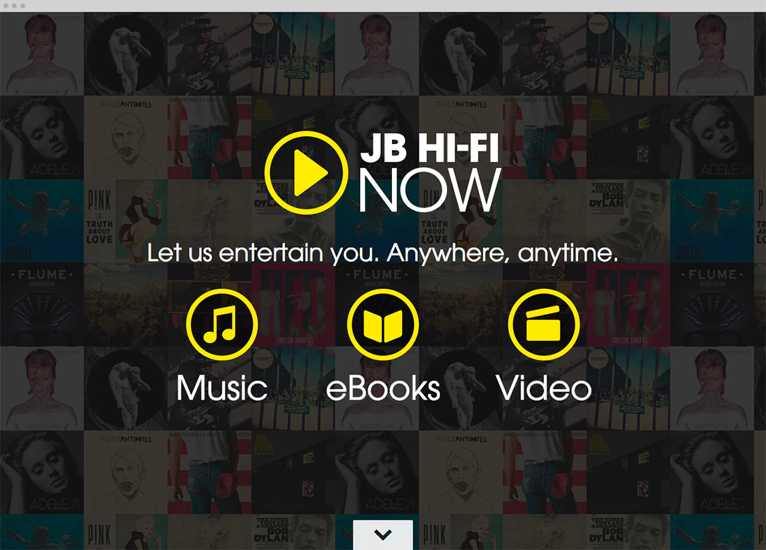 The unified JB Hi-Fi NOW landing page, the three services offered as one under 'Let us entertain you. Anywhere, anytime.' over a dimmed wall of album art