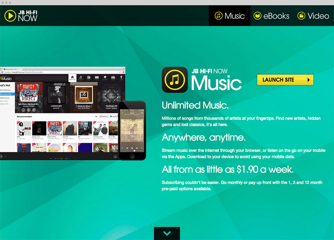 The Music panel of the unified site, teal, with the web player and phone app shown side by side