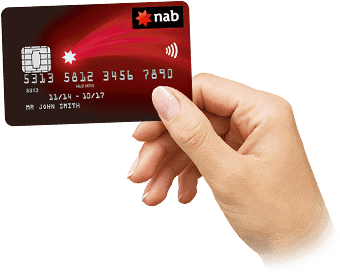 A hand holding a red NAB Visa card with its contactless symbol facing out