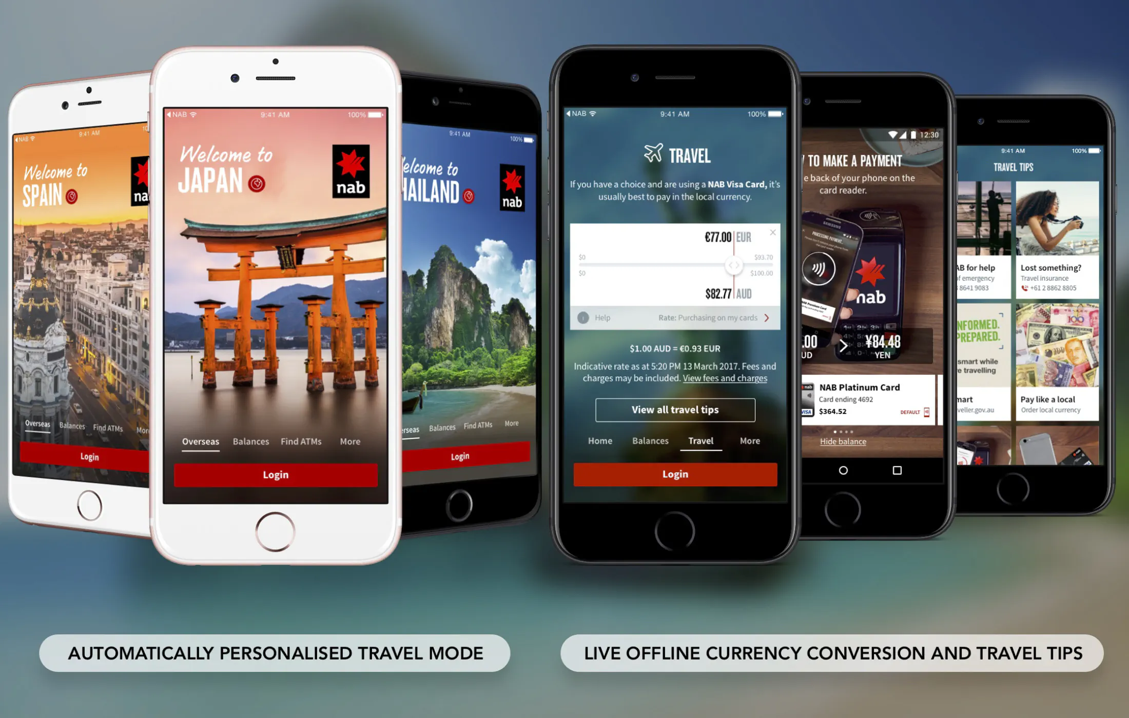 NAB Travel Mode: six phones showing country welcome screens for Spain, Japan and Thailand, a live currency converter, a contactless payment and a travel tips grid