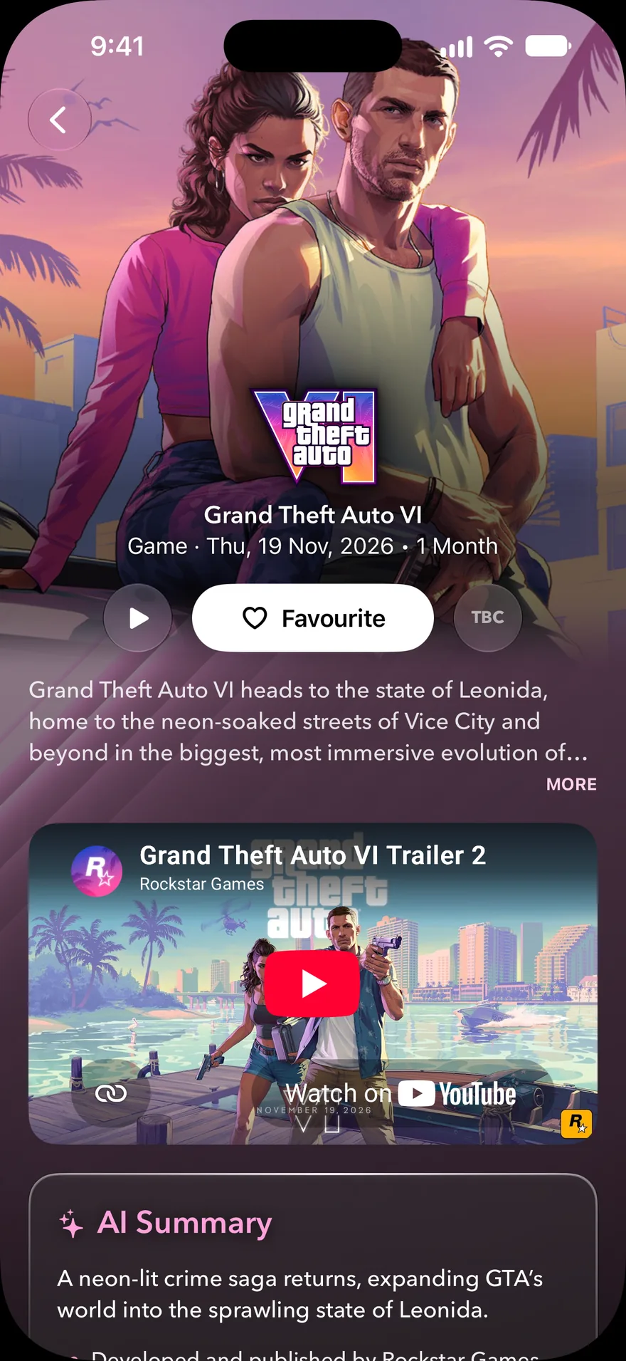 The Grand Theft Auto VI page: release date and countdown, a Favourite button, the trailer and an AI summary.