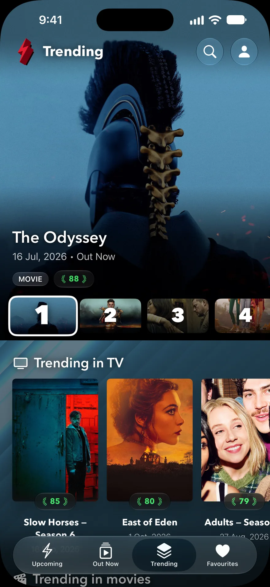 The Trending tab: The Odyssey at number one with a critic score of 88, then trending TV with Slow Horses, East of Eden and Adults.