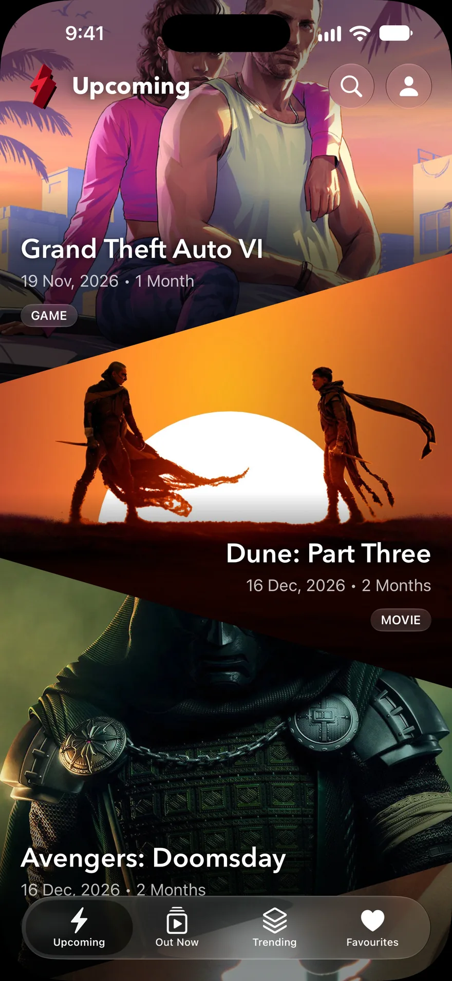 The Upcoming tab: Grand Theft Auto VI, Dune: Part Three and Avengers: Doomsday, each with its release date and countdown.